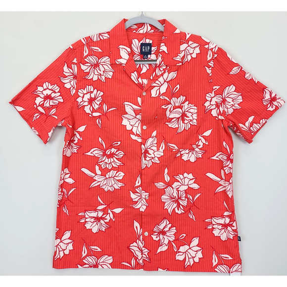 Gap Hawaiian Seersucker Button Up Shirt Floral Cotton Men M White Red Travel - Picture 1 of 12